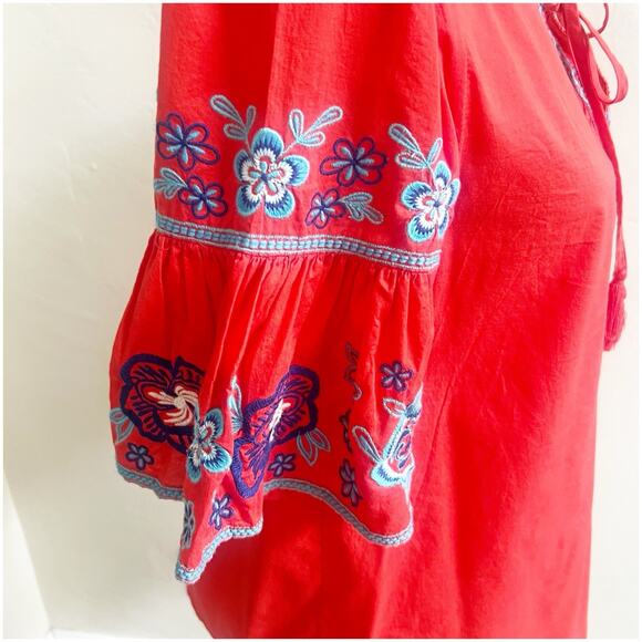 Beach Lunch Lounge Embroidered Bell Sleeve Blouse Size Small Tie Neck Coral Boho - Picture 8 of 10